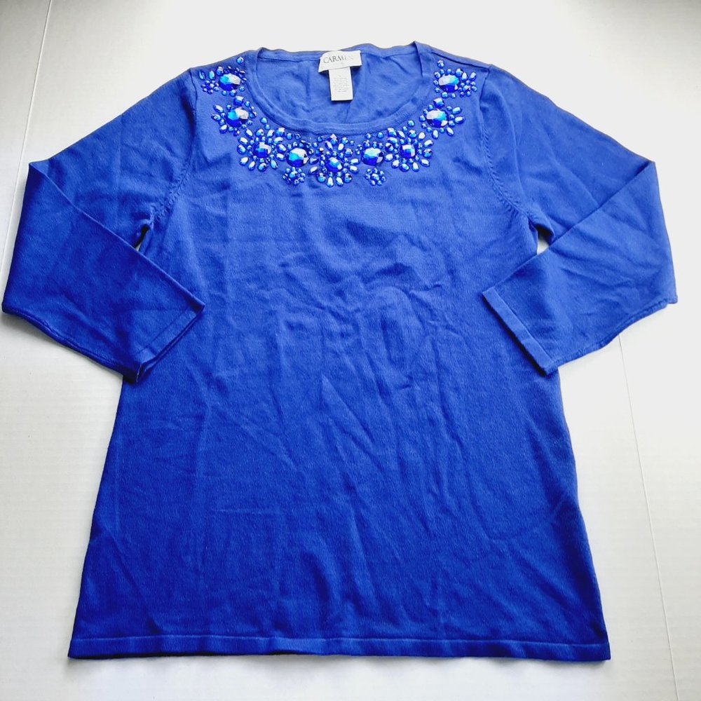 Carmen Marc Valvo Womens Pullover Sweater Size Large Blue Beaded 3/4 Sleeves